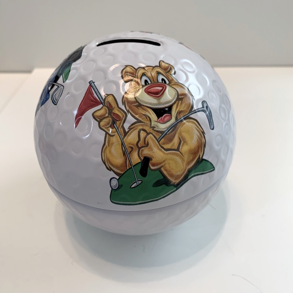 Metal Golf Ball Coin Bank Bear, Tiger, Shark Cartoon Graphics